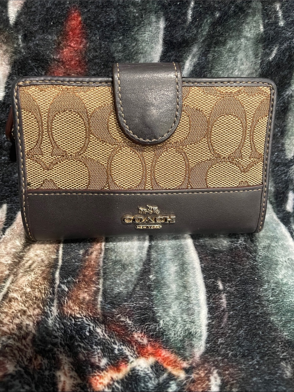 Coach Signature Canvas Mini Wallet in Brown & Tan with Gold Accents WC